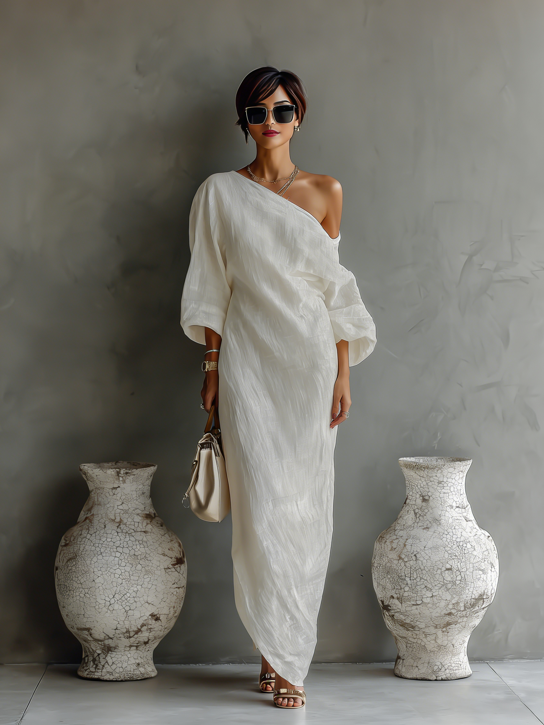 Women’s Ivory One-Shoulder Cotton Linen Maxi Dress – Elegant Formal Gown