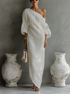 Women’s Ivory Cotton-Linen One-Shoulder Flowing Dress – Elegant Style