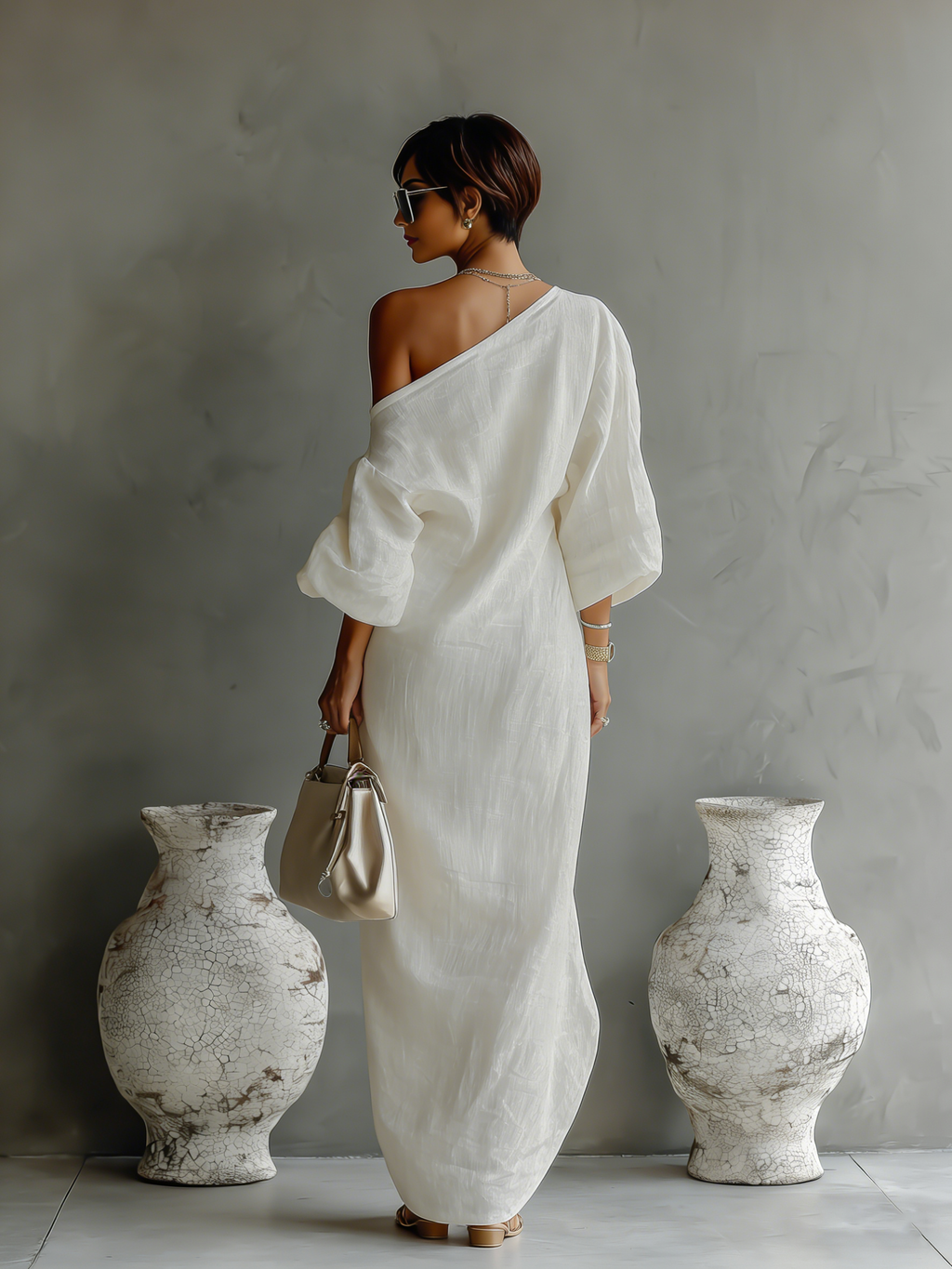 Women’s Ivory Cotton-Linen One-Shoulder Flowing Dress – Elegant Style