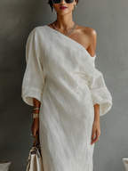 Women’s Ivory Cotton-Linen One-Shoulder Flowing Dress – Elegant Style