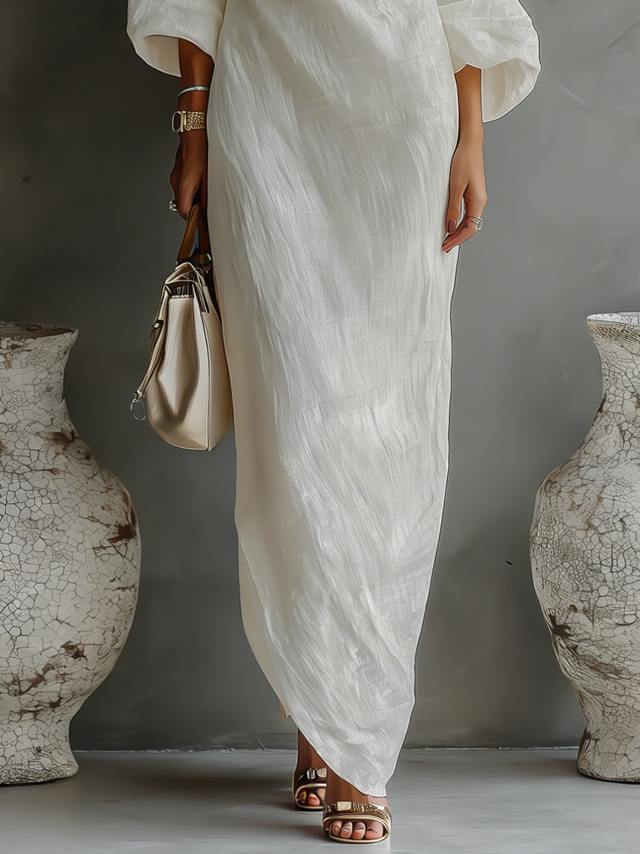 Women’s Ivory Cotton-Linen One-Shoulder Flowing Dress – Elegant Style