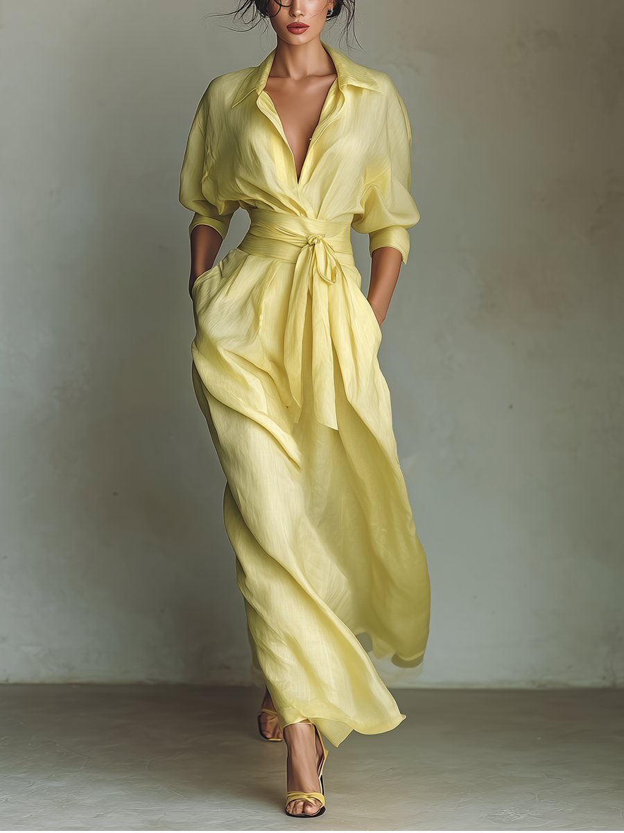Women’s Lemon Yellow Cotton-Linen Maxi Shirt Dress – Tie Waist Half Sleeves