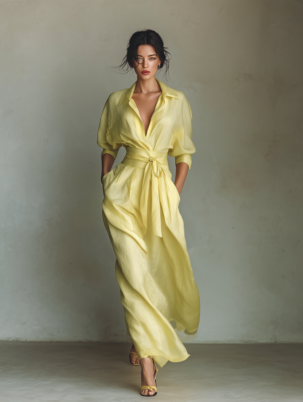 Women’s Lemon Yellow Cotton-Linen Maxi Shirt Dress – Tie Waist Half Sleeves