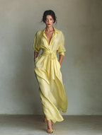 Women’s Lemon Yellow Cotton-Linen Maxi Shirt Dress – Tie Waist Half Sleeves