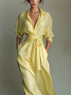 Women’s Lemon Yellow Cotton-Linen Maxi Shirt Dress – Tie Waist Half Sleeves