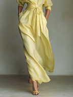 Women’s Lemon Yellow Cotton-Linen Maxi Shirt Dress – Tie Waist Half Sleeves