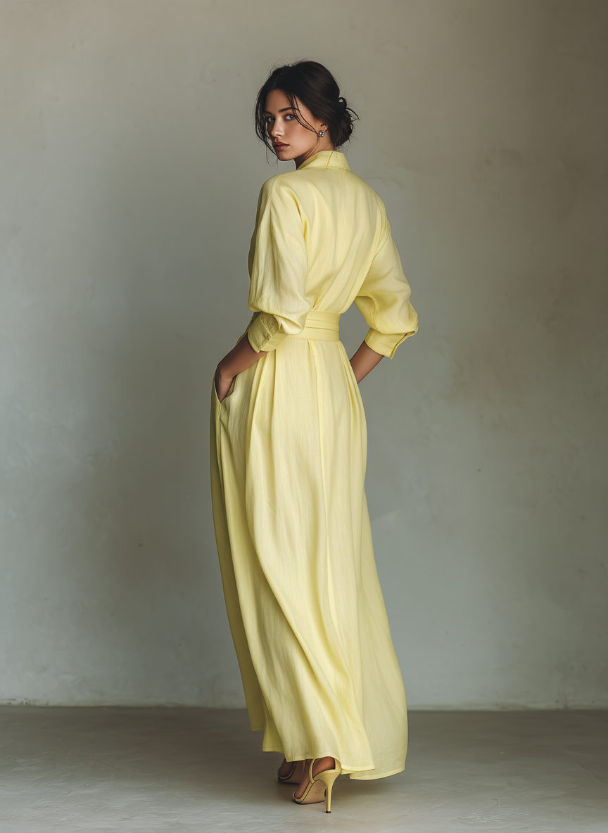Women’s Lemon Yellow Cotton-Linen Maxi Shirt Dress – Tie Waist Half Sleeves