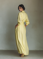 Women’s Lemon Yellow Cotton-Linen Maxi Shirt Dress – Tie Waist Half Sleeves