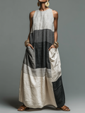 Black & White Patchwork Maxi Dress – Women's Sleeveless Colorblock Linen-Look Dress with Pockets