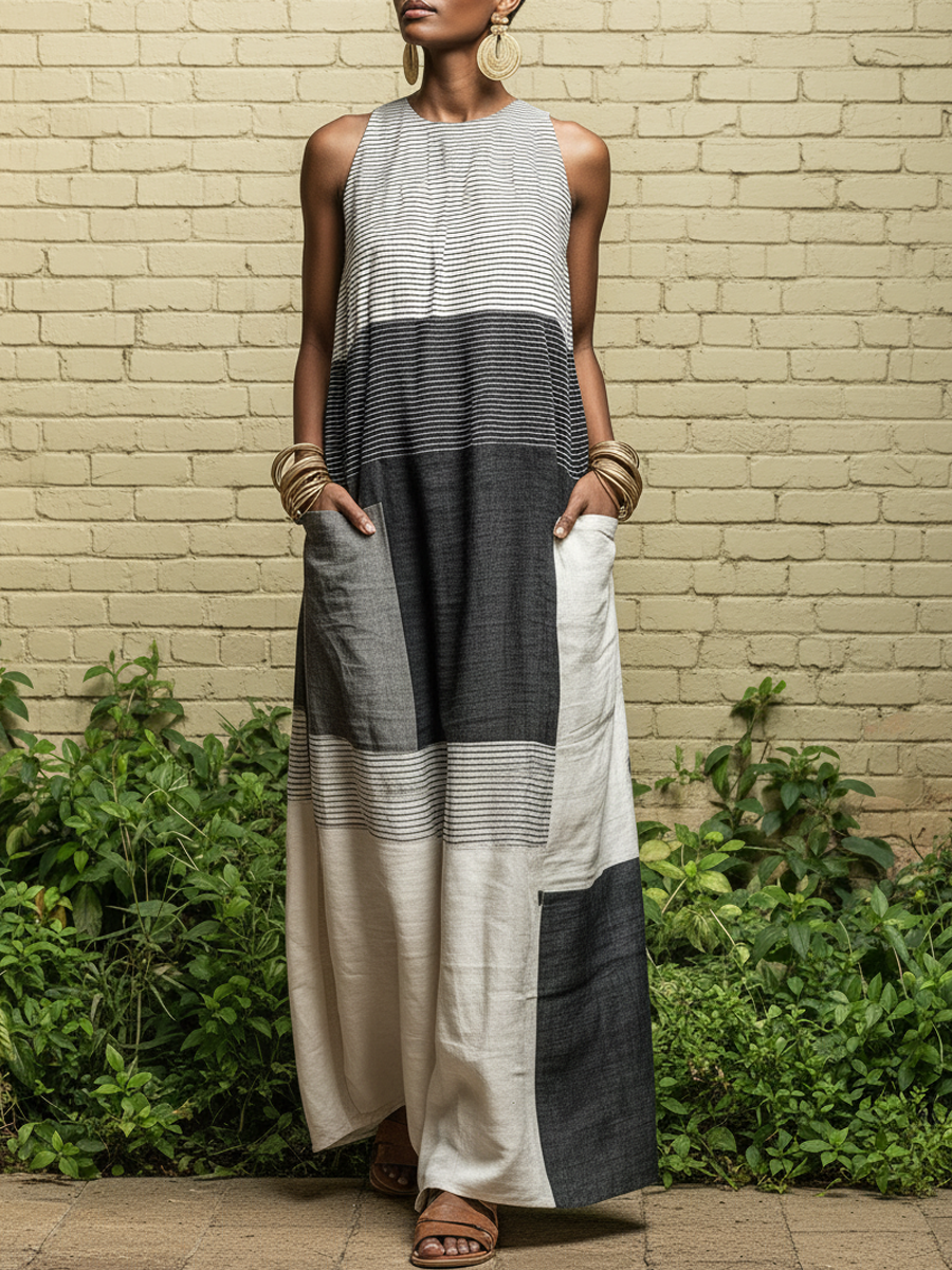 Black & White Patchwork Maxi Dress – Women's Sleeveless Colorblock Linen-Look Dress with Pockets