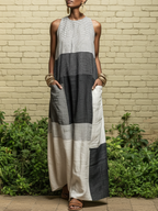 Black & White Patchwork Maxi Dress – Women's Sleeveless Colorblock Linen-Look Dress with Pockets