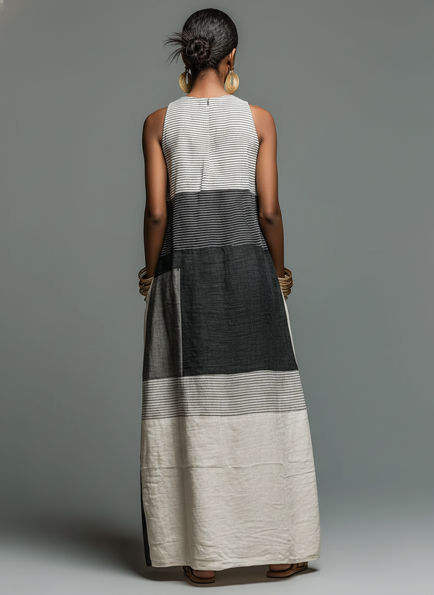 Black & White Patchwork Maxi Dress – Women's Sleeveless Colorblock Linen-Look Dress with Pockets