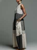 Black & White Patchwork Maxi Dress – Women's Sleeveless Colorblock Linen-Look Dress with Pockets
