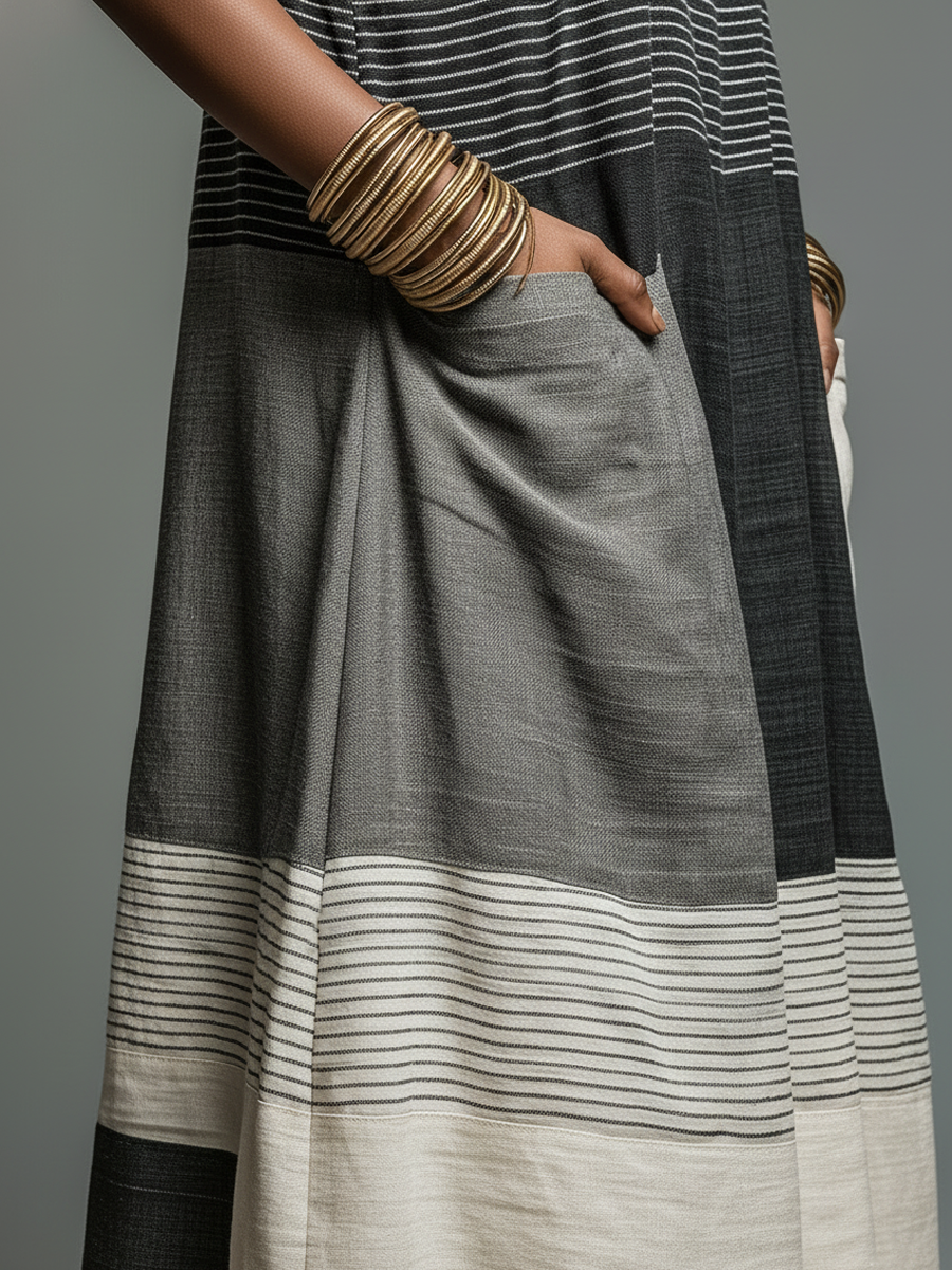 Black & White Patchwork Maxi Dress – Women's Sleeveless Colorblock Linen-Look Dress with Pockets