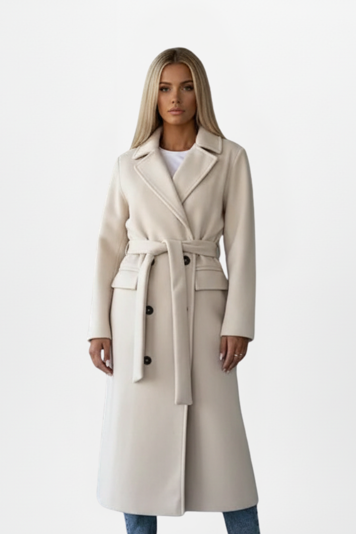 Women’s Long Double-Breasted Coat with Adjustable Waist Belt for Elegant Warmth