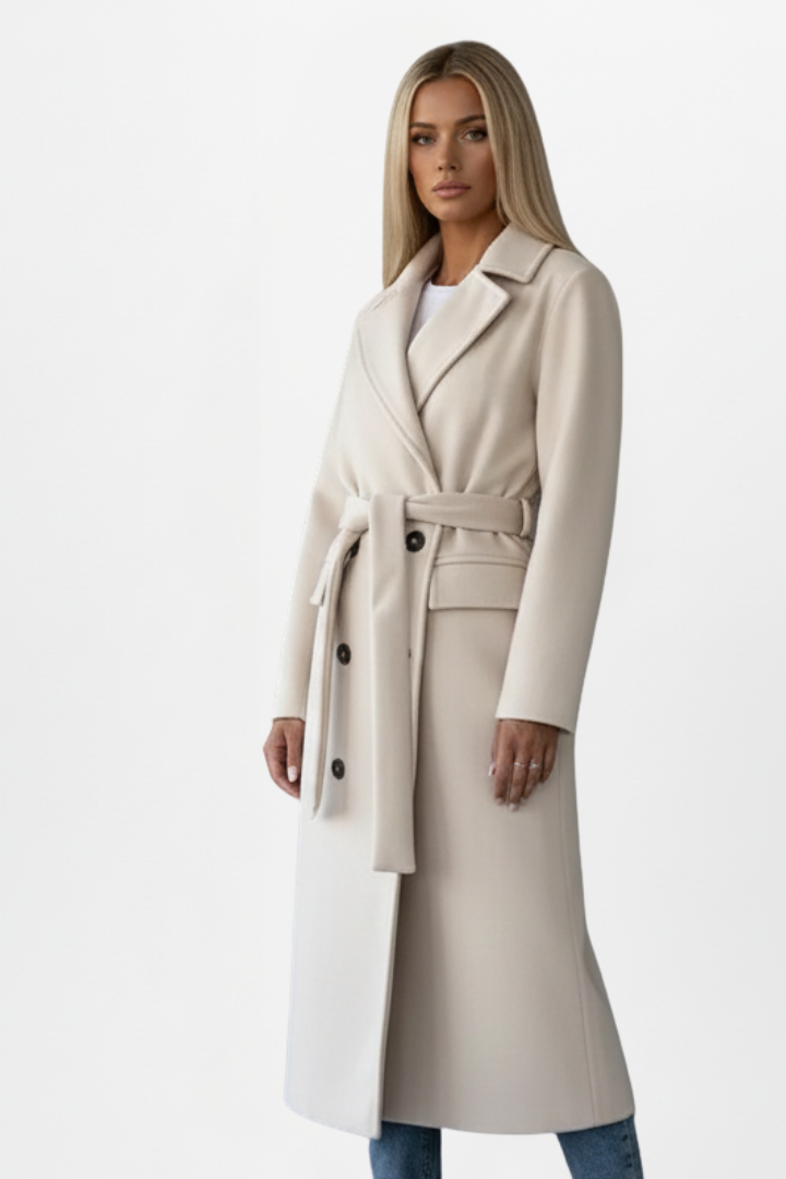 Women’s Long Double-Breasted Coat with Adjustable Waist Belt for Elegant Warmth