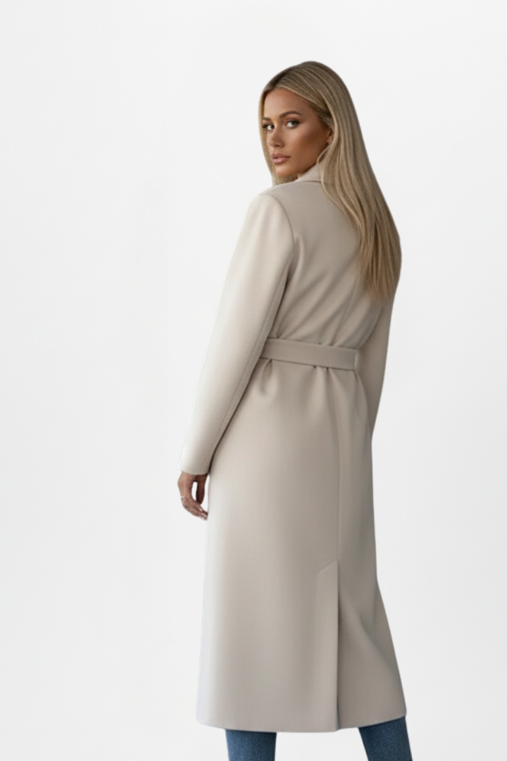 Women’s Long Double-Breasted Coat with Adjustable Waist Belt for Elegant Warmth