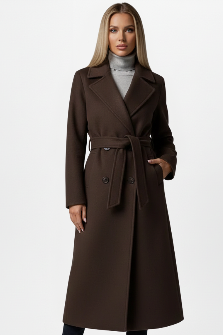Women’s Long Double-Breasted Coat with Adjustable Waist Belt for Elegant Warmth