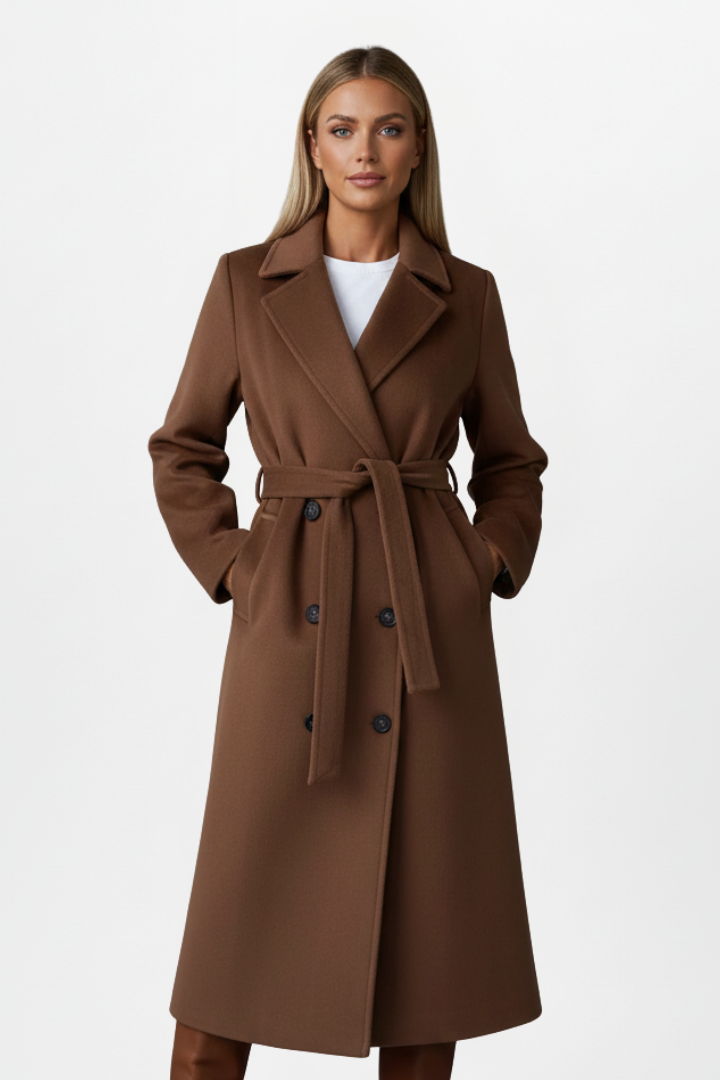 Women’s Long Double-Breasted Coat with Adjustable Waist Belt for Elegant Warmth