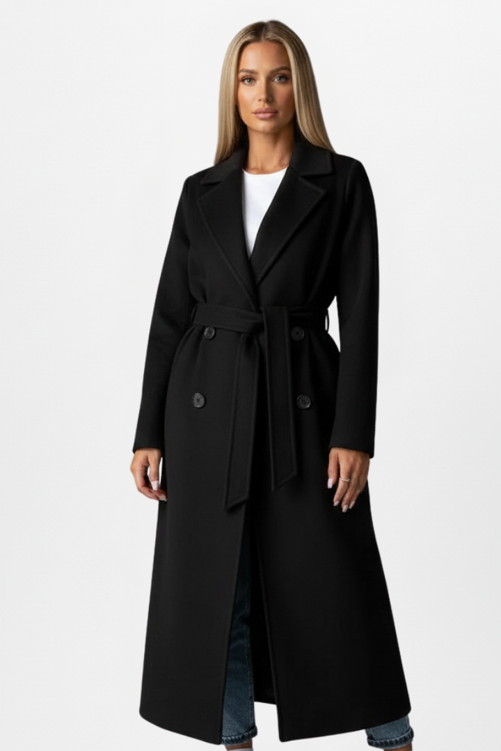 Women’s Long Double-Breasted Coat with Adjustable Waist Belt for Elegant Warmth