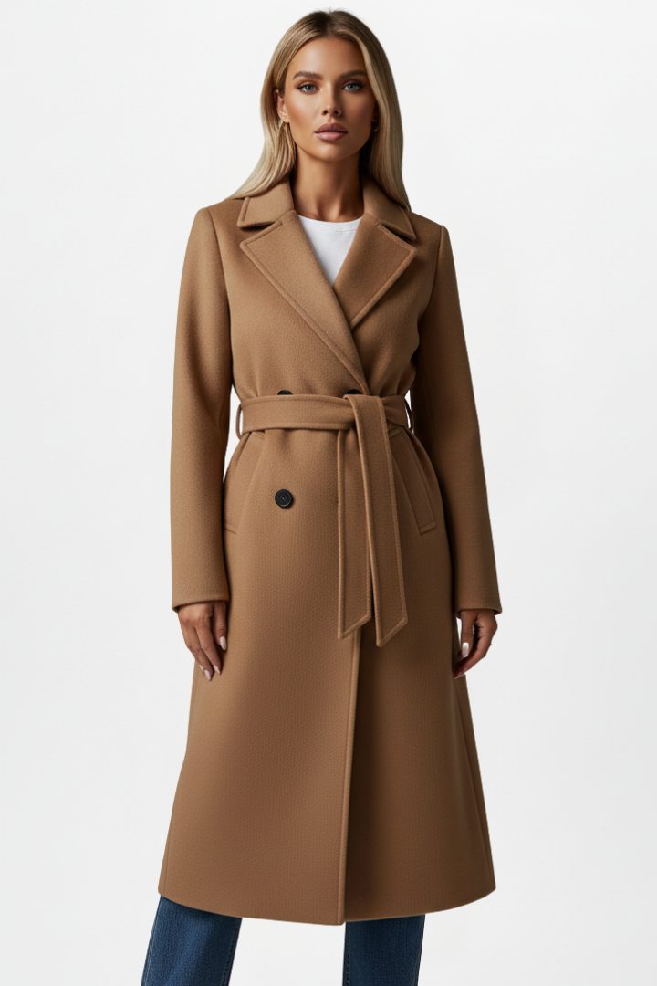 Women’s Long Double-Breasted Coat with Adjustable Waist Belt for Elegant Warmth