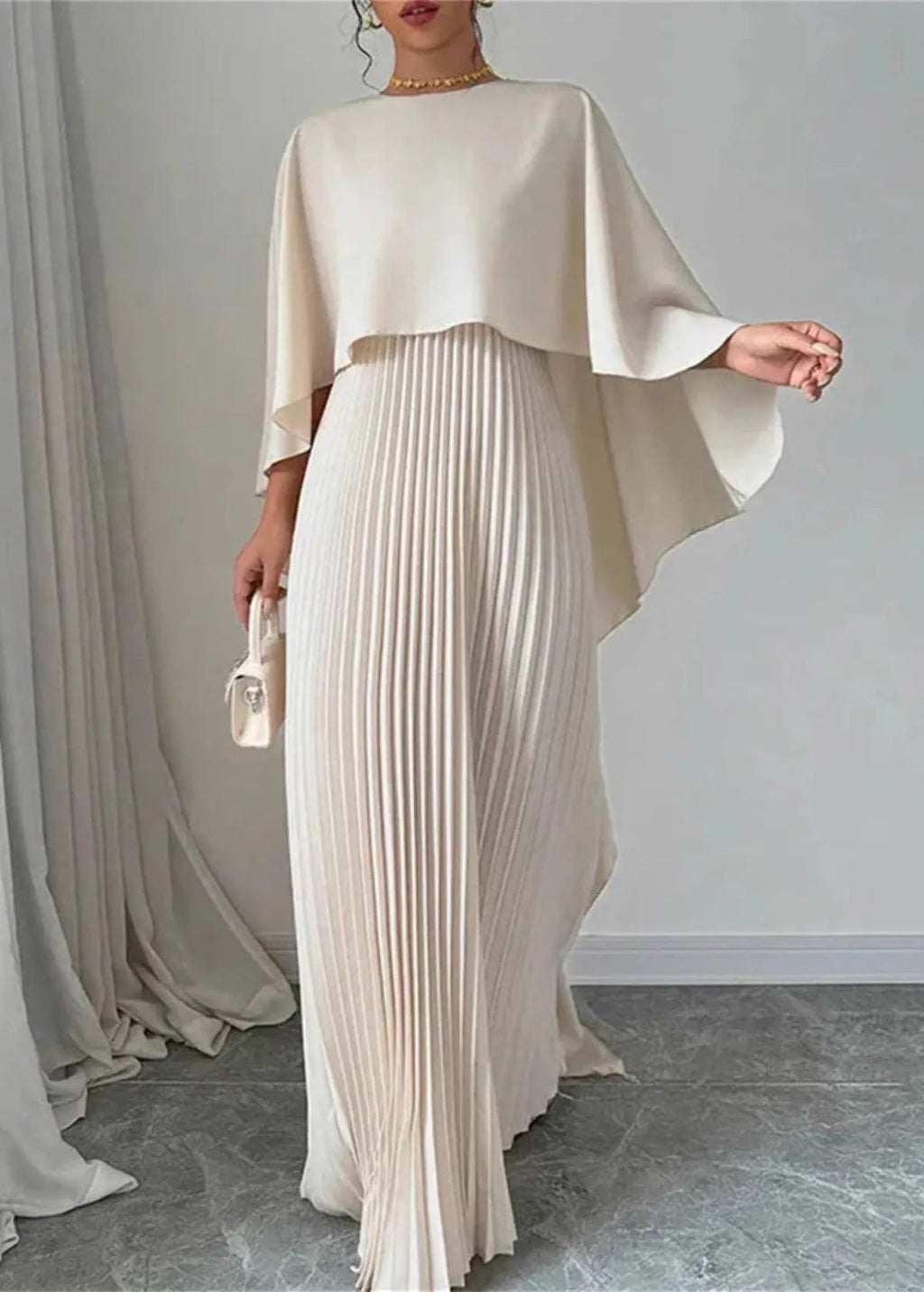 Women's Long Pleated Cape Overlay Wedding Guest Dress Elegant Maxi Gown