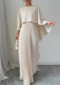Women's Long Pleated Cape Overlay Wedding Guest Dress Elegant Maxi Gown