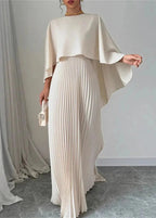 Women's Long Pleated Cape Overlay Wedding Guest Dress Elegant Maxi Gown