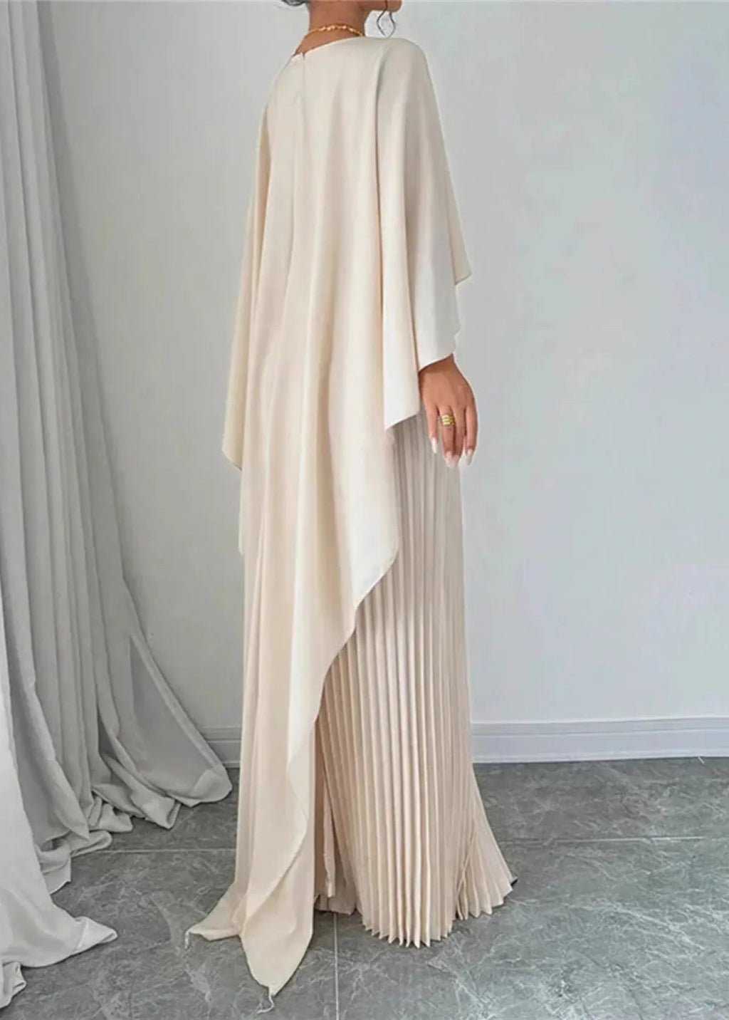 Women's Long Pleated Cape Overlay Wedding Guest Dress Elegant Maxi Gown