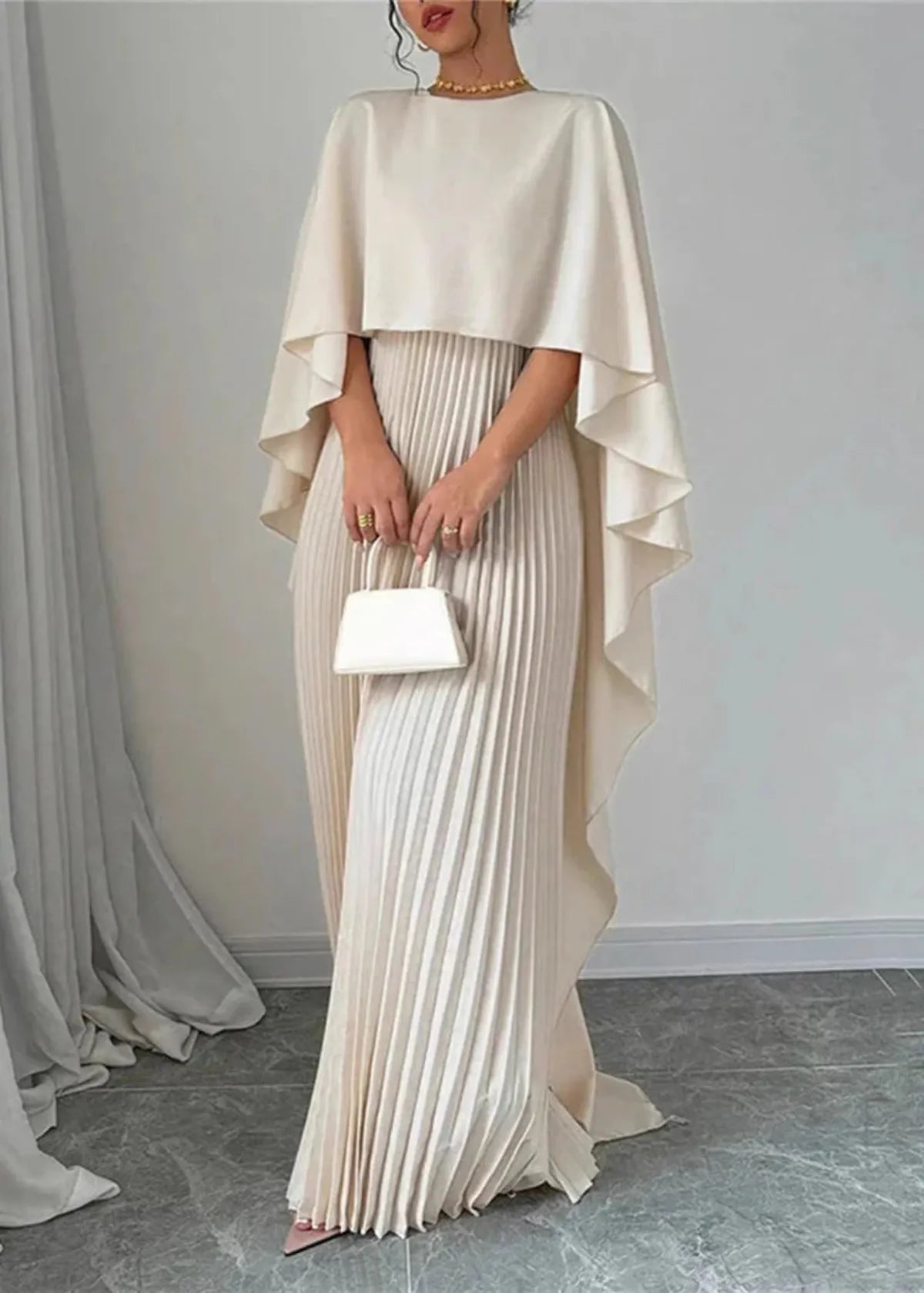 Women's Long Pleated Cape Overlay Wedding Guest Dress Elegant Maxi Gown