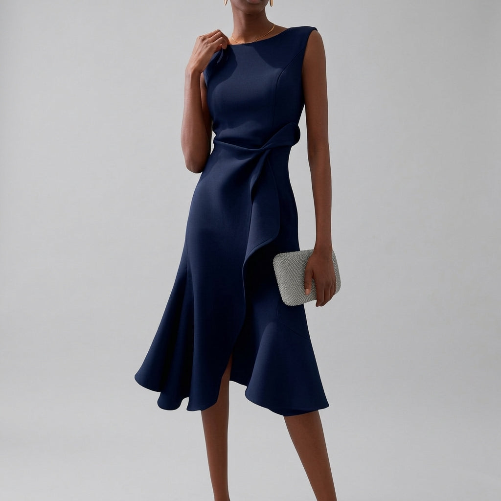 Women's Wrap Midi Dress with Flared Hem for Elegant Comfort