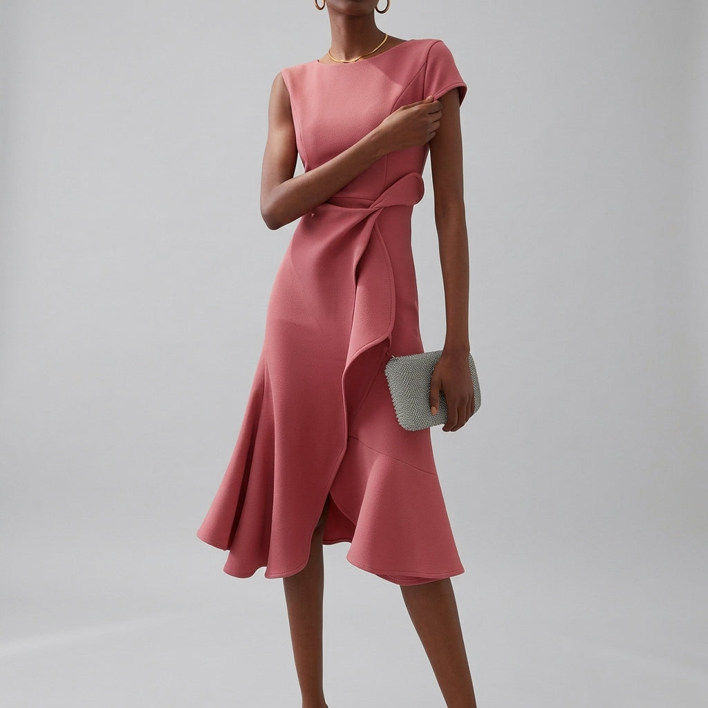 Women's Wrap Midi Dress with Flared Hem for Elegant Comfort