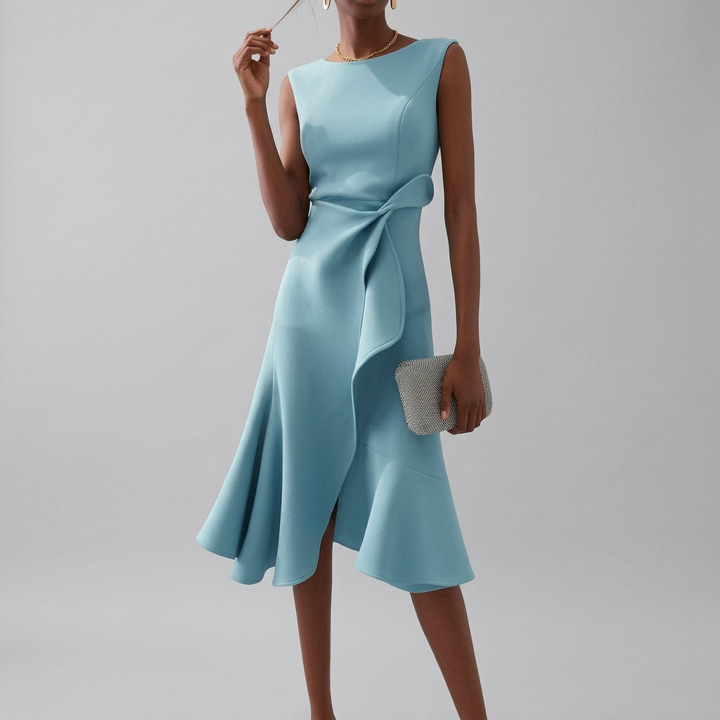 Women's Wrap Midi Dress with Flared Hem for Elegant Comfort
