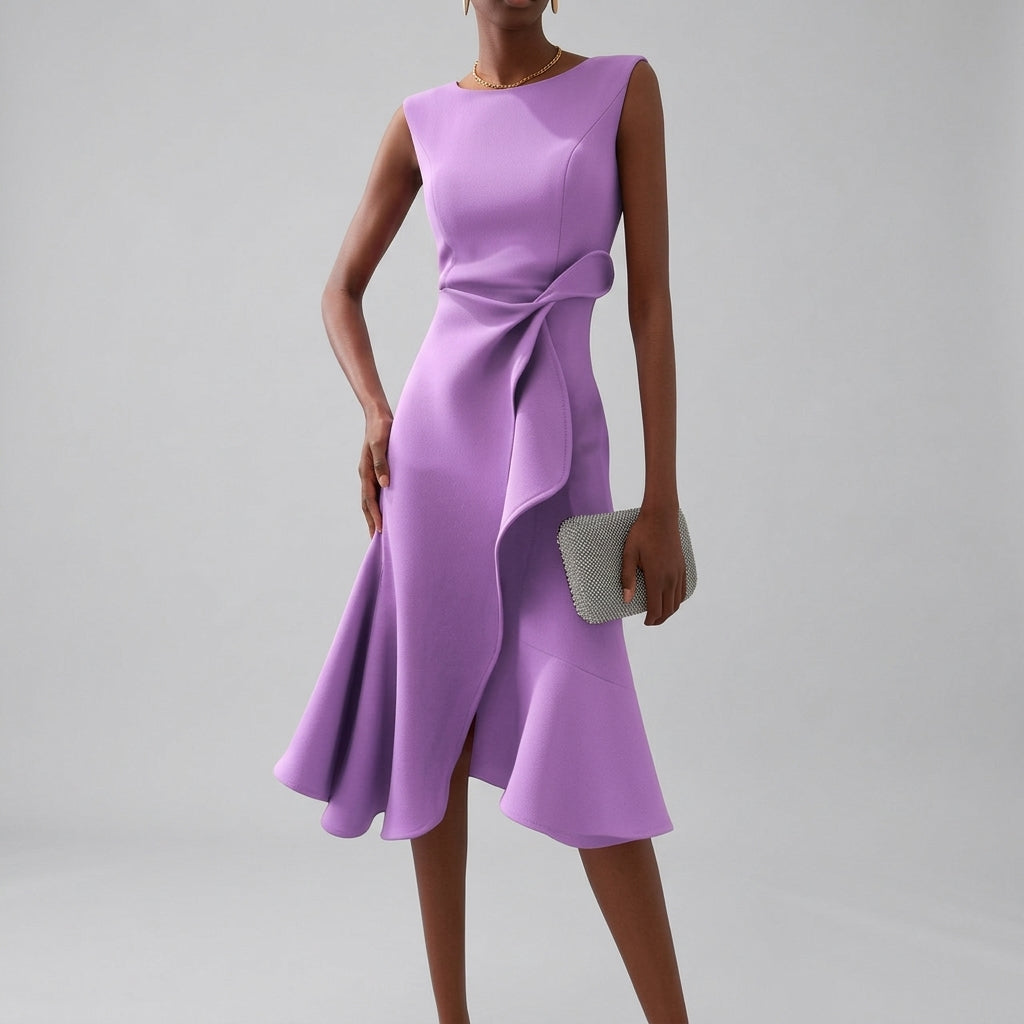 Women's Wrap Midi Dress with Flared Hem for Elegant Comfort