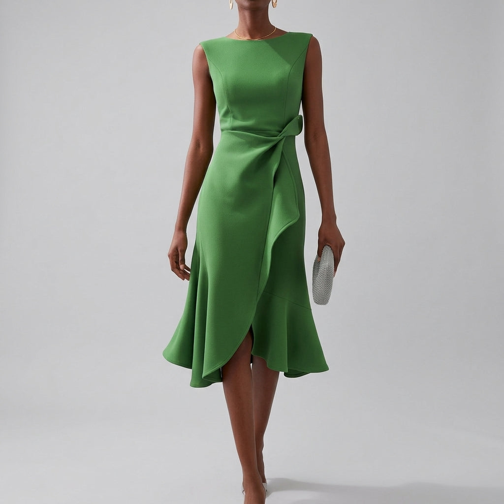 Women's Wrap Midi Dress with Flared Hem for Elegant Comfort