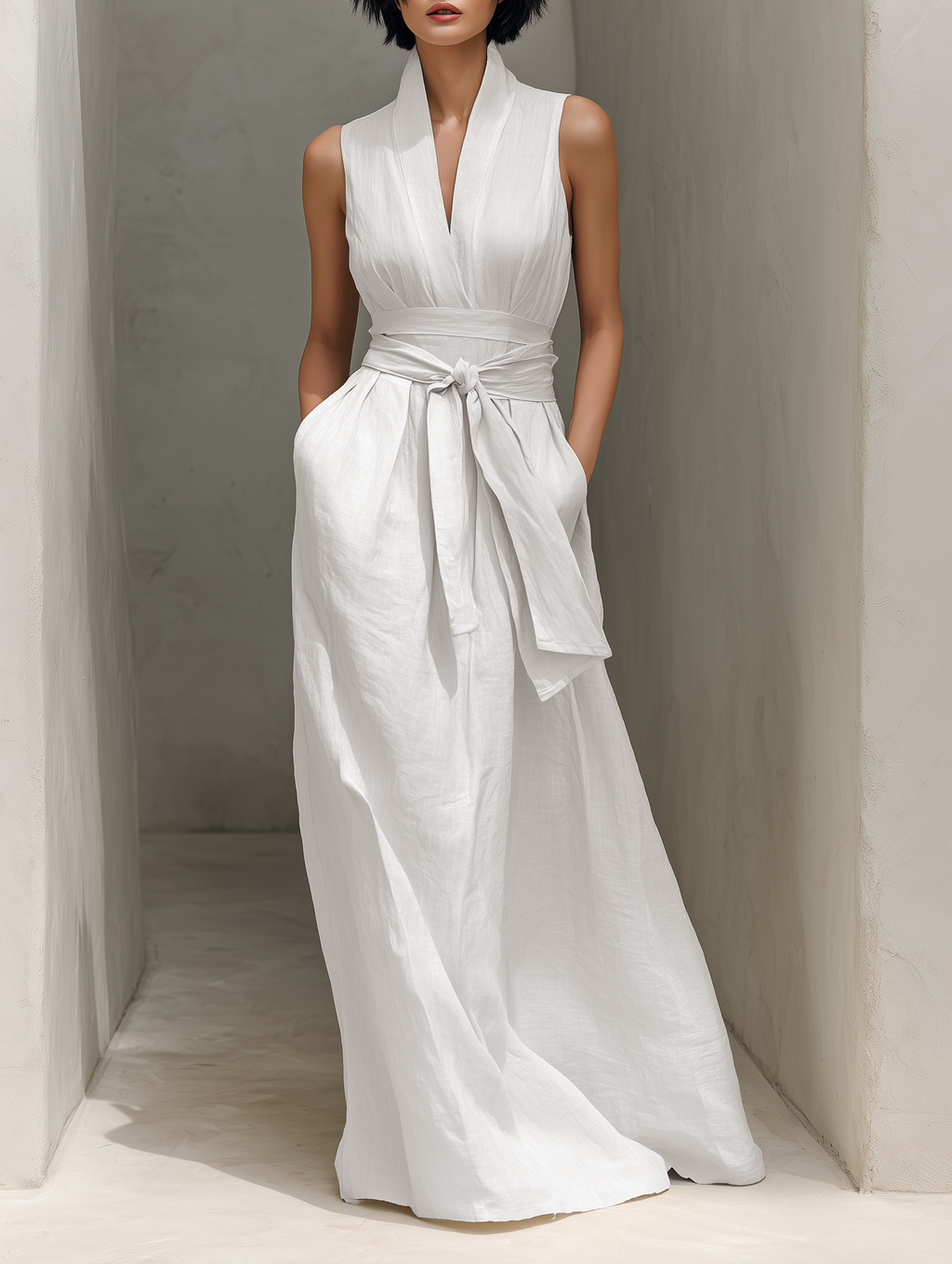 Women’s Cotton-Linen Blend V-Neck Belted Sleeveless Maxi Dress