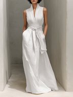 Women’s Cotton-Linen Blend V-Neck Belted Sleeveless Maxi Dress