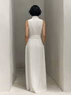 Women’s Cotton-Linen Blend V-Neck Belted Sleeveless Maxi Dress