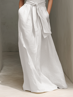 Women’s Cotton-Linen Blend V-Neck Belted Sleeveless Maxi Dress