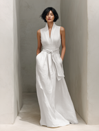 Women’s Cotton-Linen Blend V-Neck Belted Sleeveless Maxi Dress