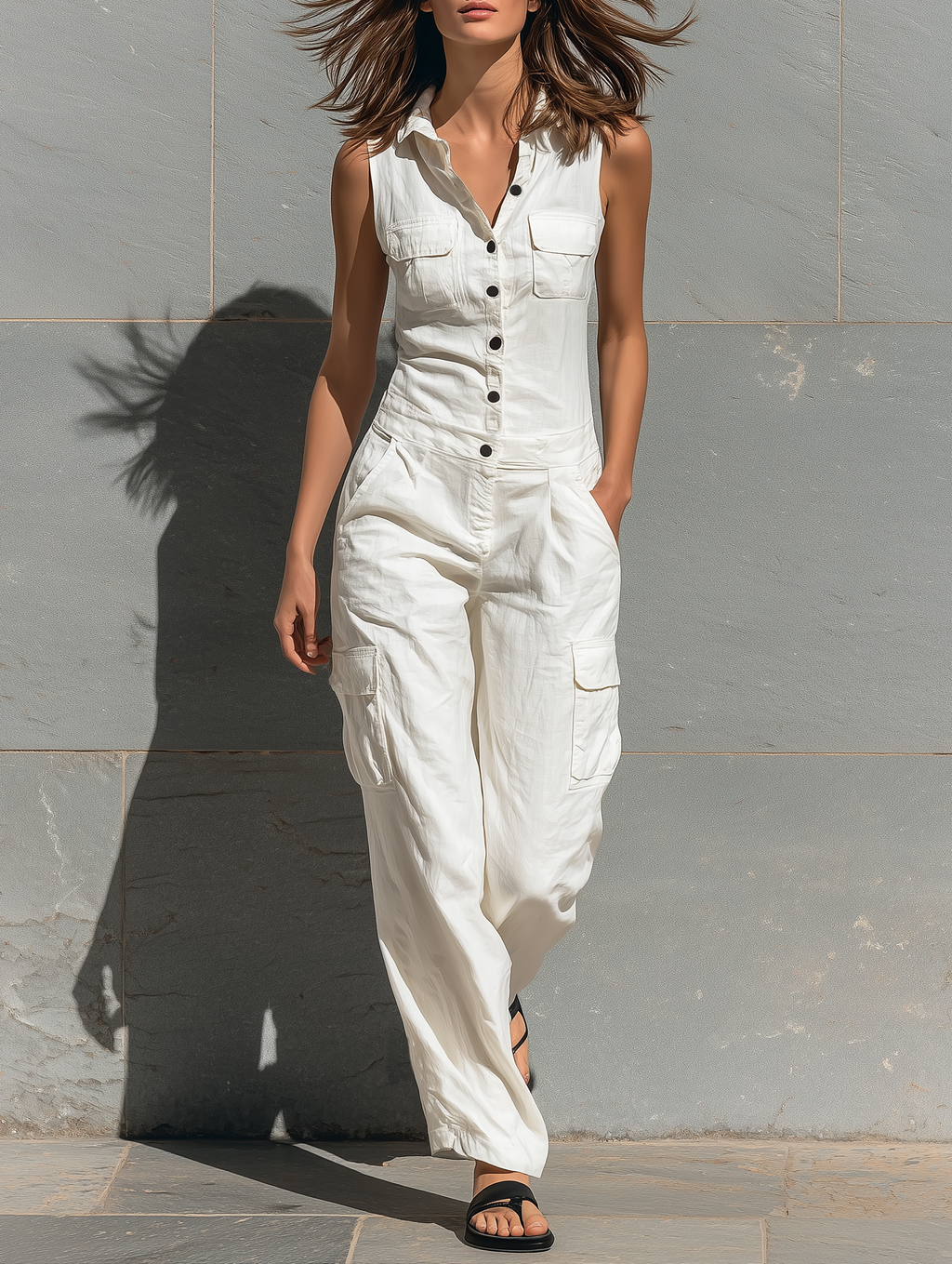 Women’s Minimalist V-Neck Sleeveless Cotton Blend Wide-Leg Jumpsuit – Smart Casual
