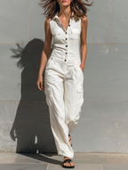 Women’s Minimalist V-Neck Sleeveless Cotton Blend Wide-Leg Jumpsuit – Smart Casual