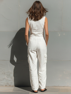 Women’s Minimalist V-Neck Sleeveless Cotton Blend Wide-Leg Jumpsuit – Smart Casual