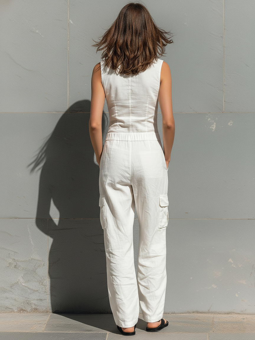 Women’s Minimalist V-Neck Sleeveless Cotton Blend Wide-Leg Jumpsuit – Smart Casual