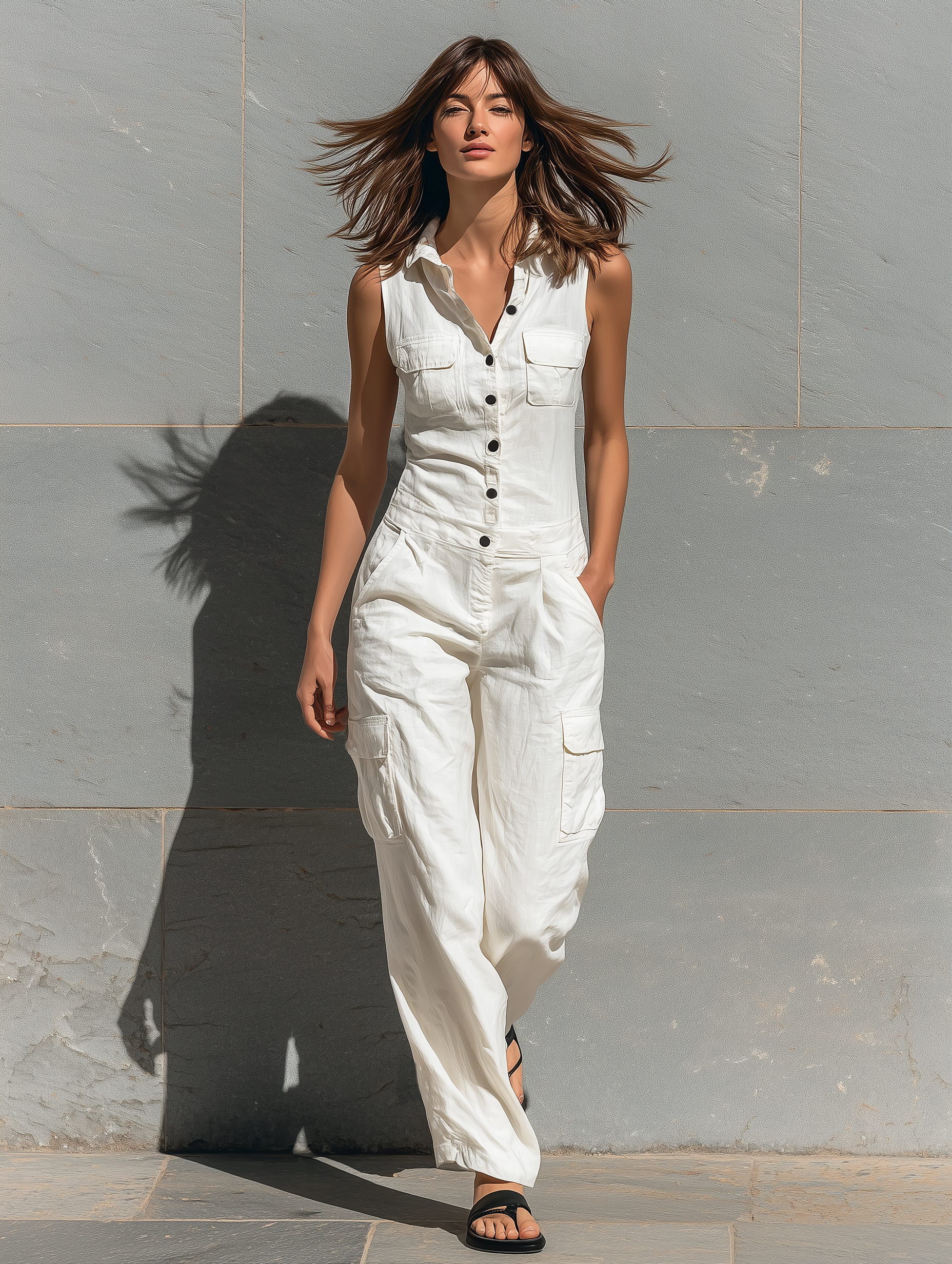 Women’s Minimalist V-Neck Sleeveless Cotton Blend Wide-Leg Jumpsuit – Smart Casual