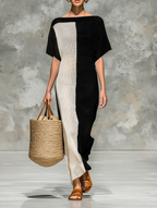 Women’s Knit Maxi Dress – Boat Neck Short Sleeve Minimalist Casual Elegant Long Dress