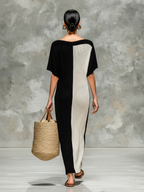 Women’s Knit Maxi Dress – Boat Neck Short Sleeve Minimalist Casual Elegant Long Dress