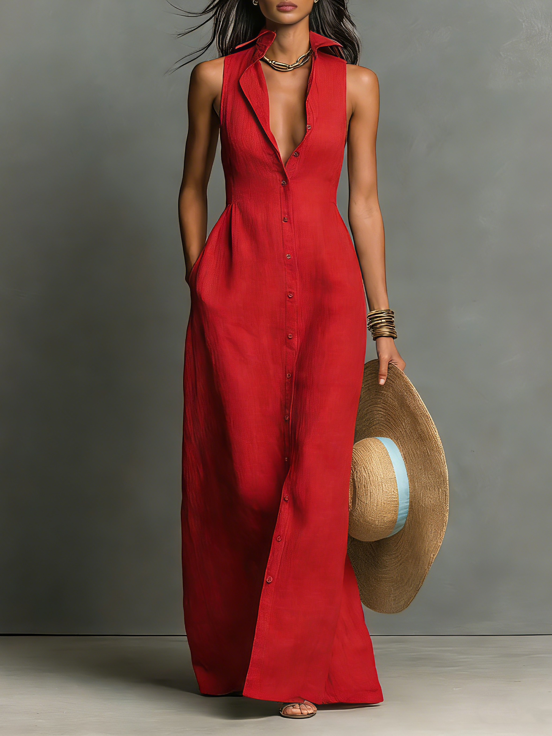Women’s Linen Blend Maxi Shirt Dress – Sleeveless Collared Button Front Summer Dress