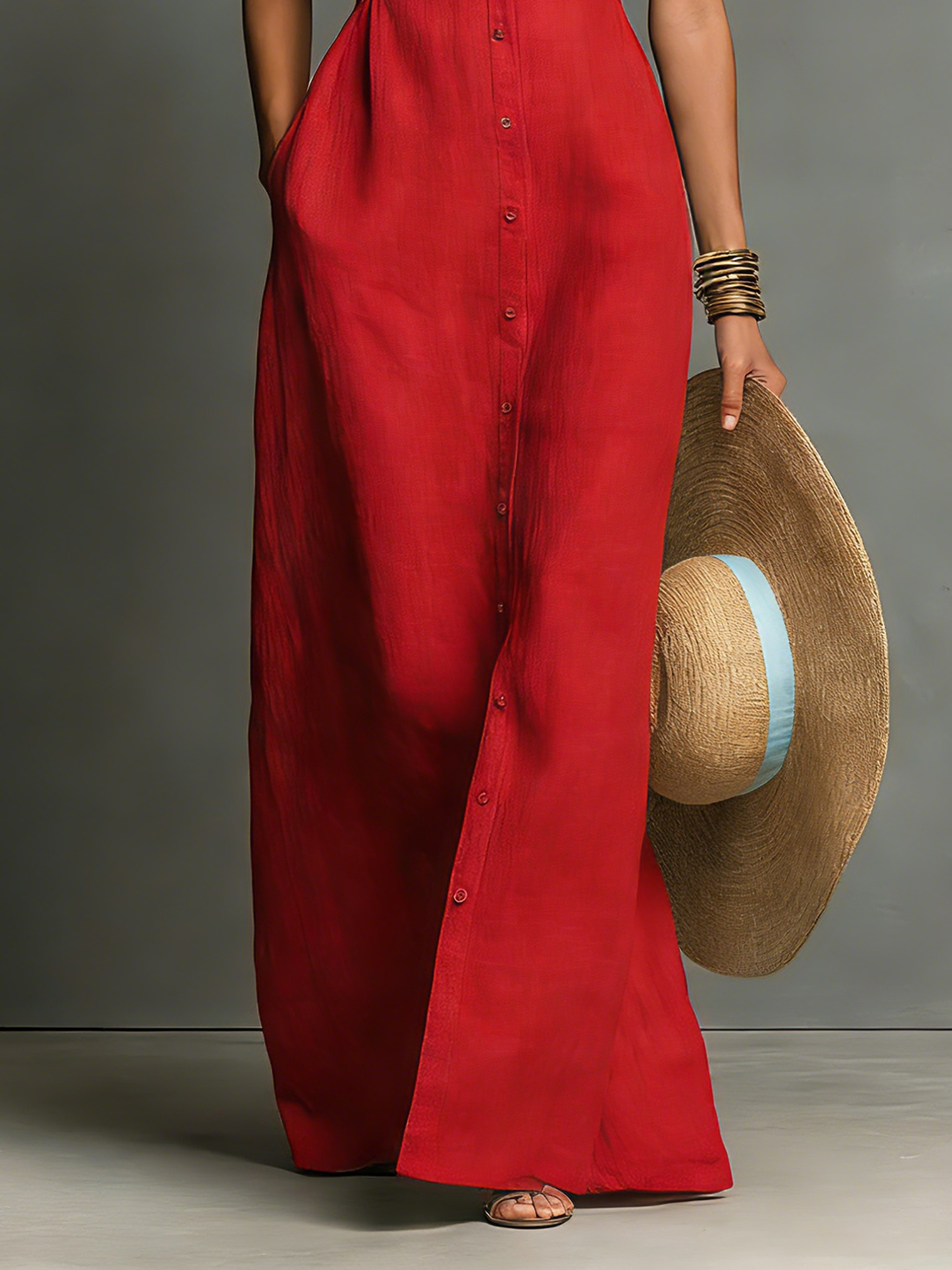 Women’s Linen Blend Maxi Shirt Dress – Sleeveless Collared Button Front Summer Dress