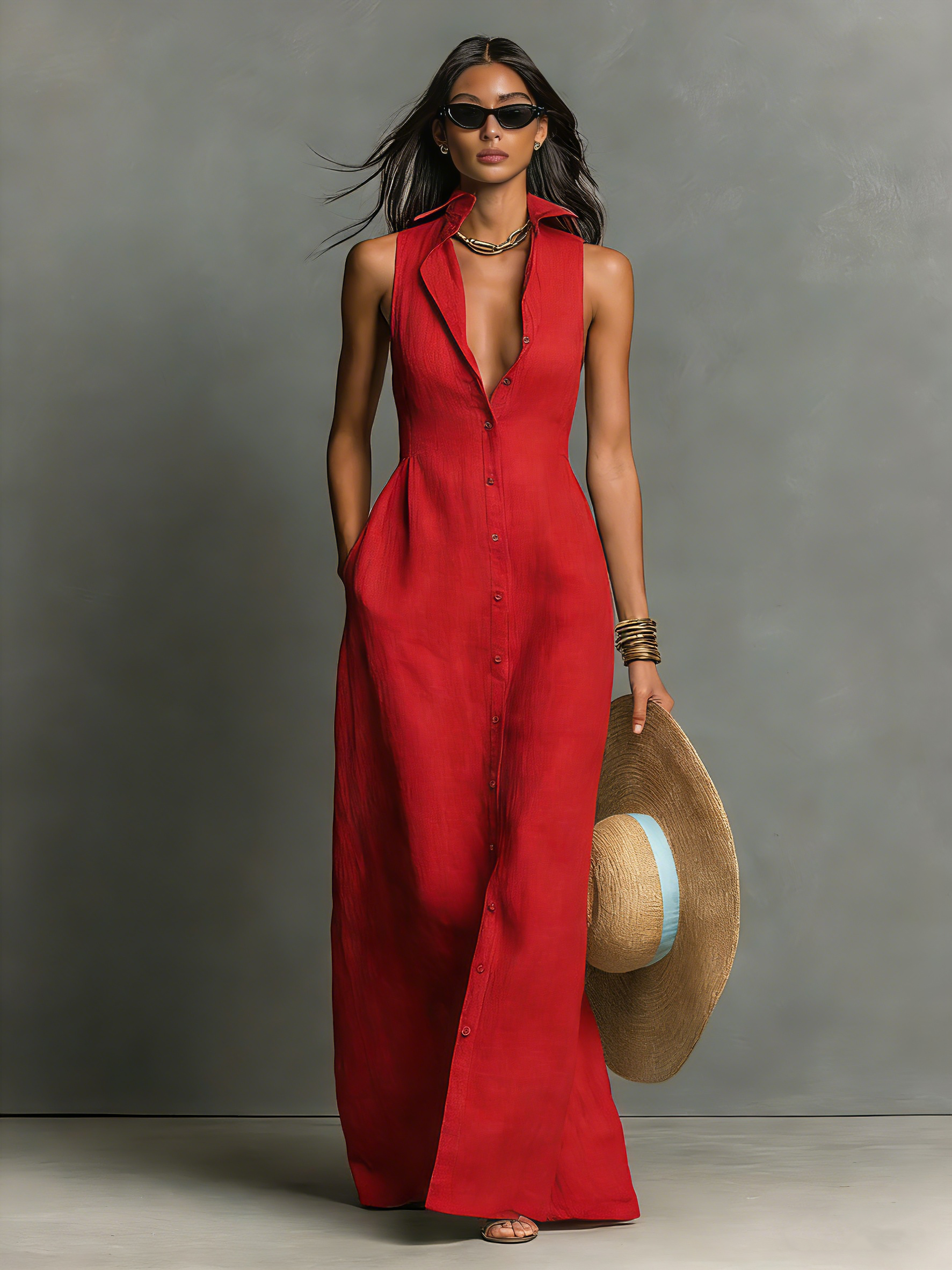 Women’s Linen Blend Maxi Shirt Dress – Sleeveless Collared Button Front Summer Dress